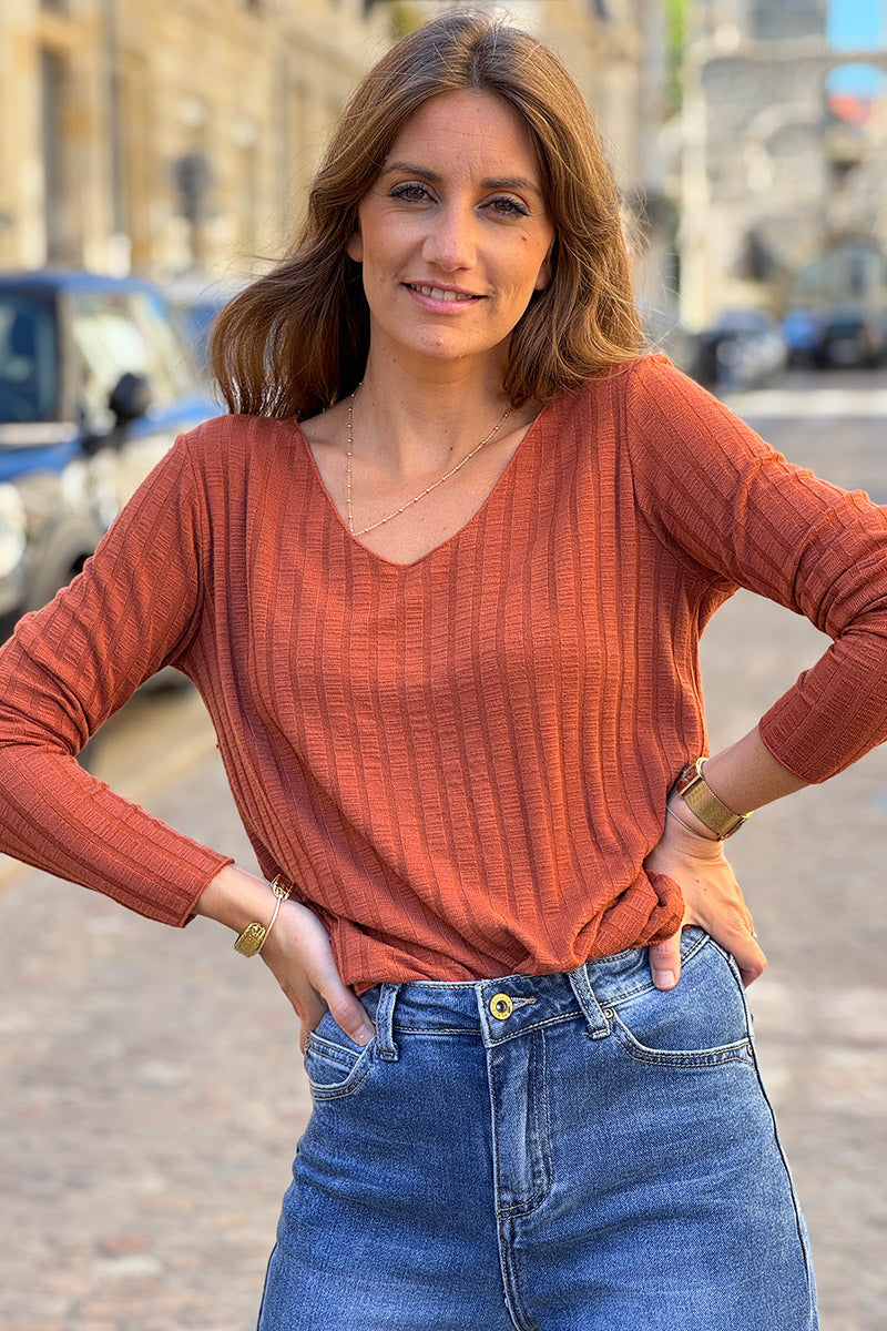 Terracotta long sleeved ribbed soft top