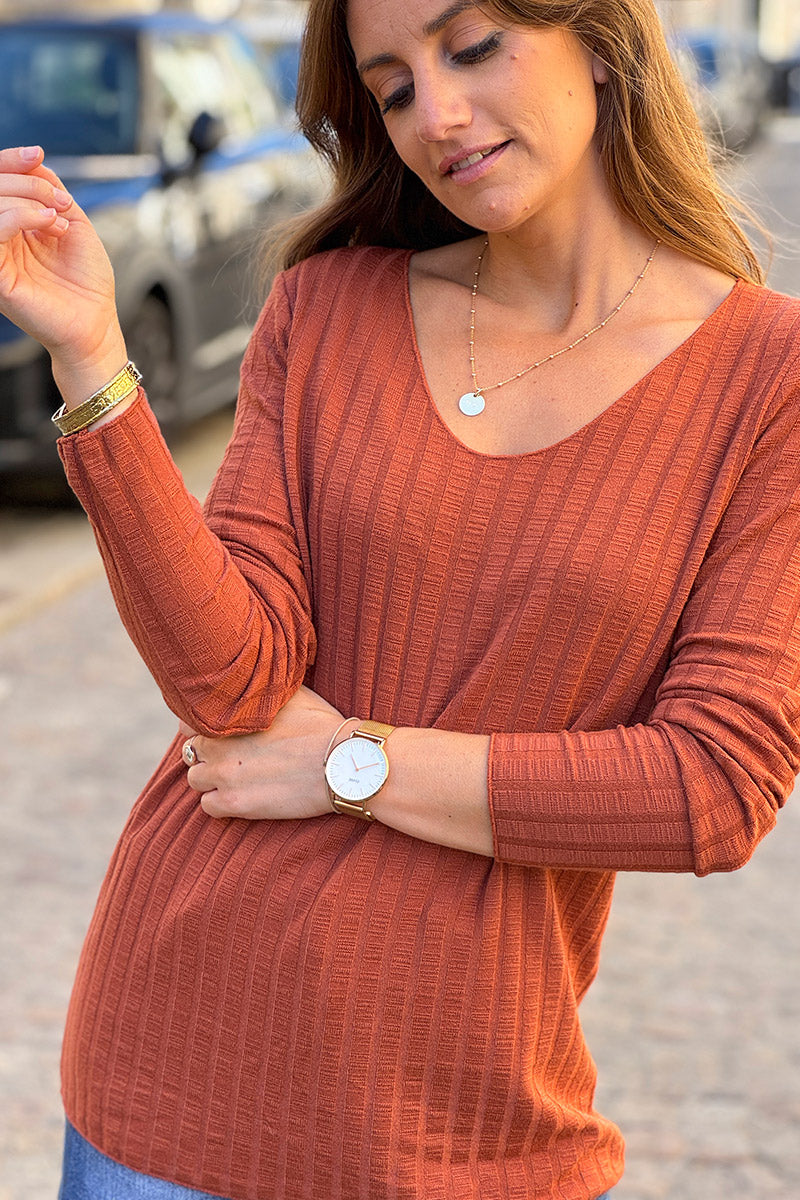 Terracotta long sleeved ribbed soft top