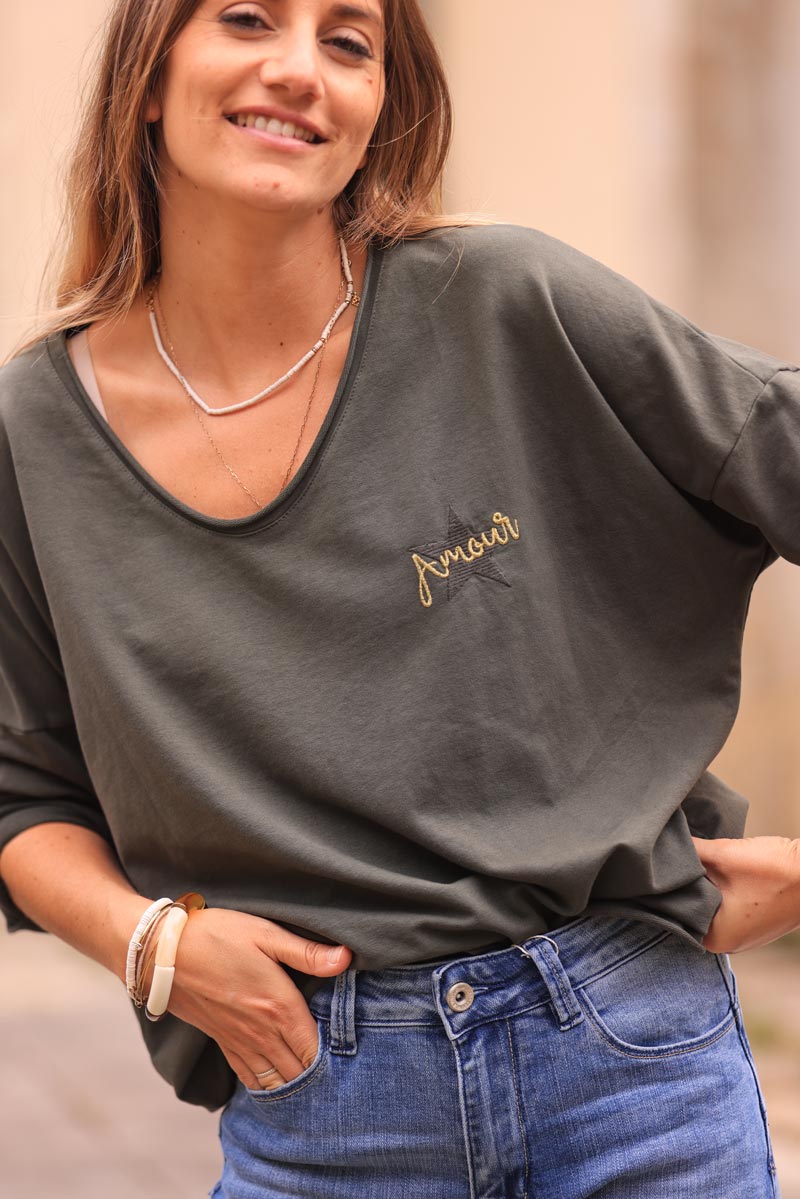 Dark khaki comfort sweater with gold star and 'amour' embroidery