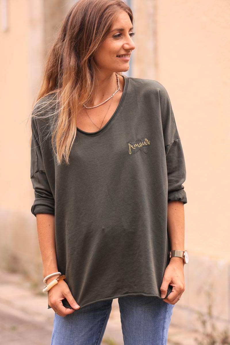 Dark khaki comfort sweater with gold star and 'amour' embroidery