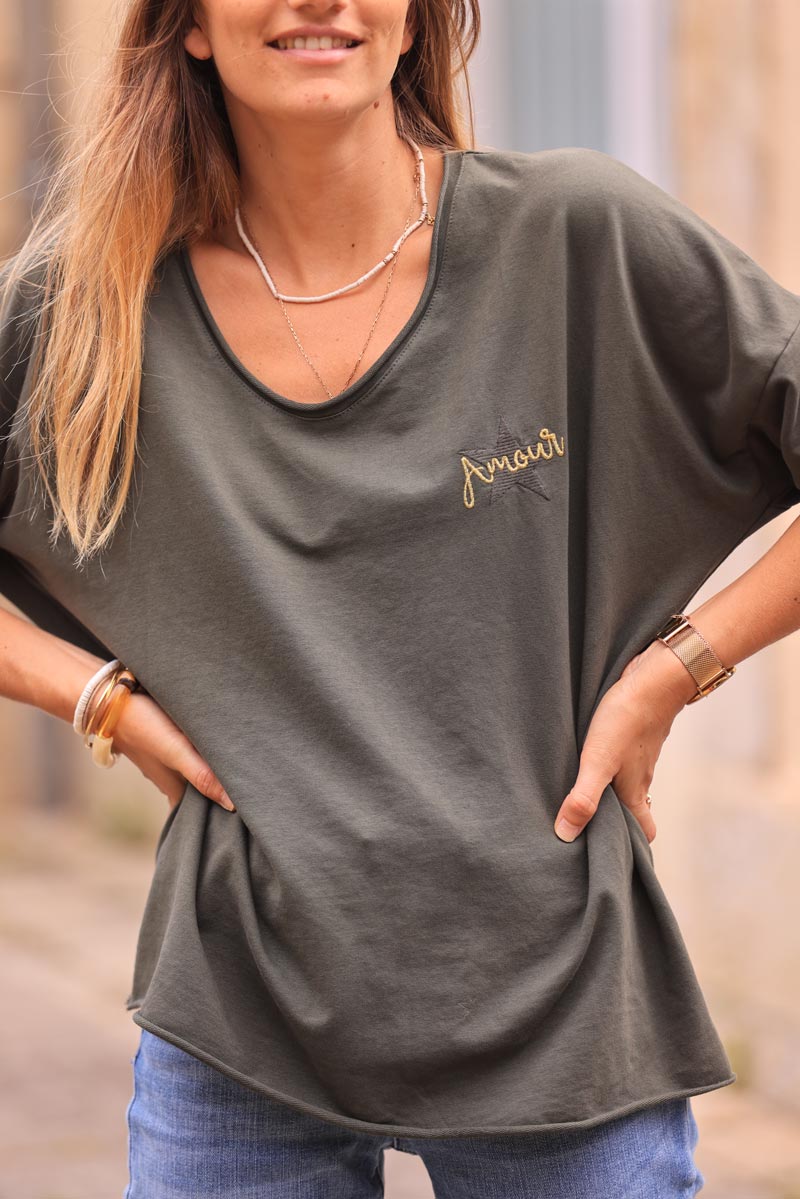 Dark khaki comfort sweater with gold star and 'amour' embroidery