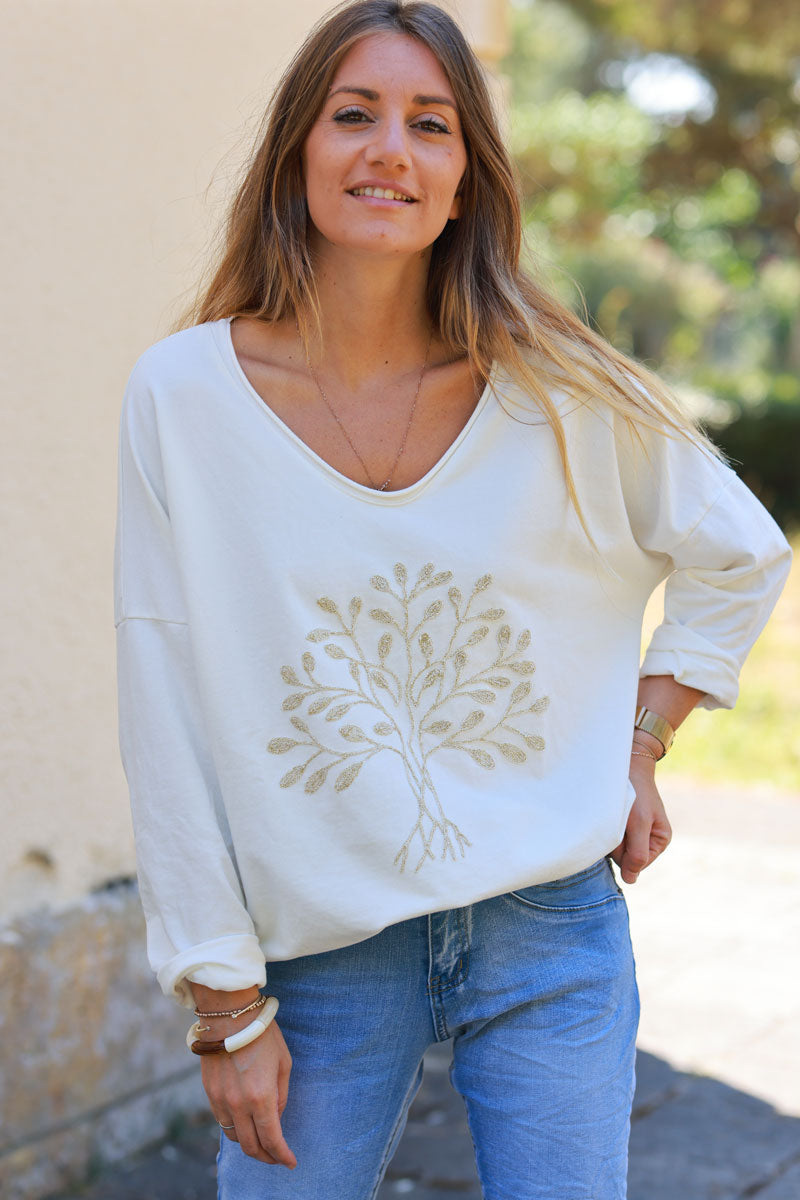 Petit pull confort loose blanc cassé broderie arbre de vie fils dorés