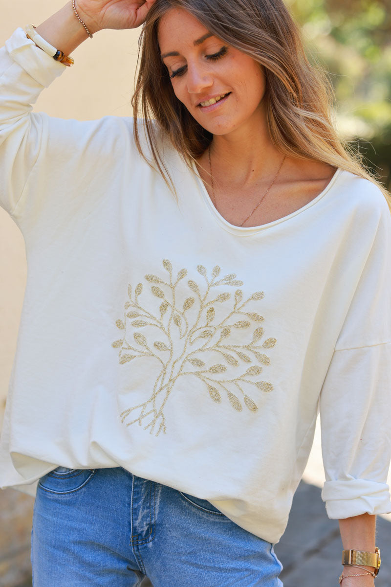 Petit pull confort loose blanc cassé broderie arbre de vie fils dorés