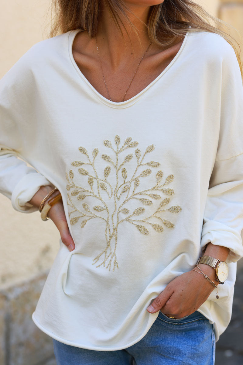 Off white comfort loose sweater with gold tree of life embroidery