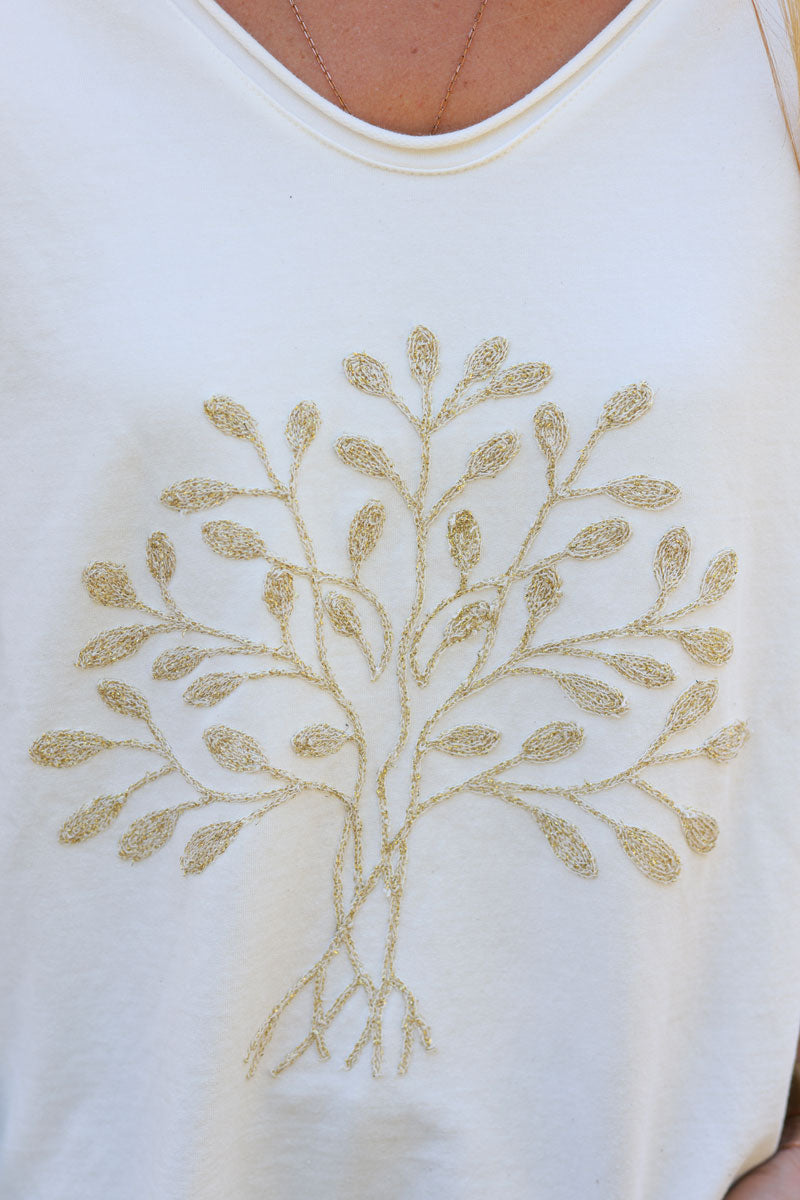 Petit pull confort loose blanc cassé broderie arbre de vie fils dorés