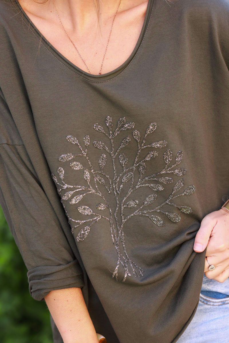 Khaki Comfort Loose Sweater with Gold Tree of life Embroidery