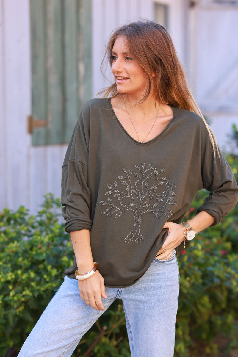 Khaki Comfort Loose Jumper with Gold Tree of life Embroidery