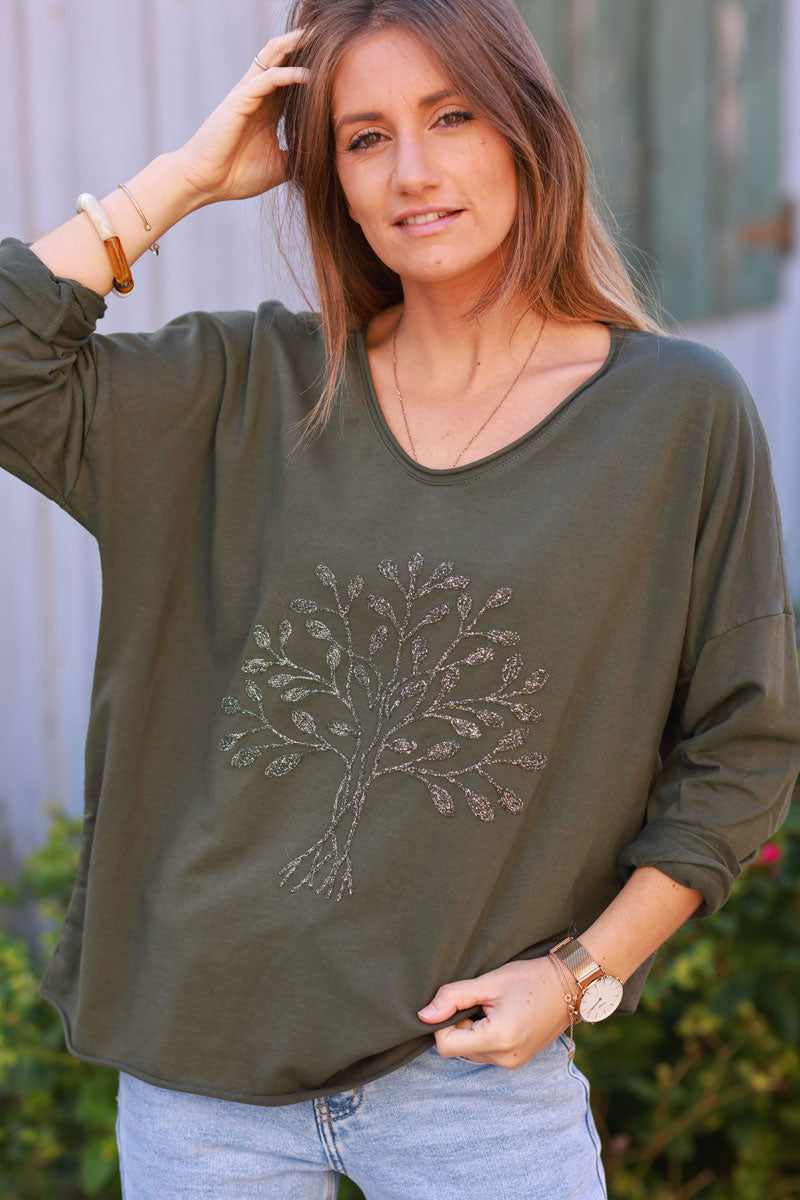 Khaki Comfort Loose Sweater with Gold Tree of life Embroidery