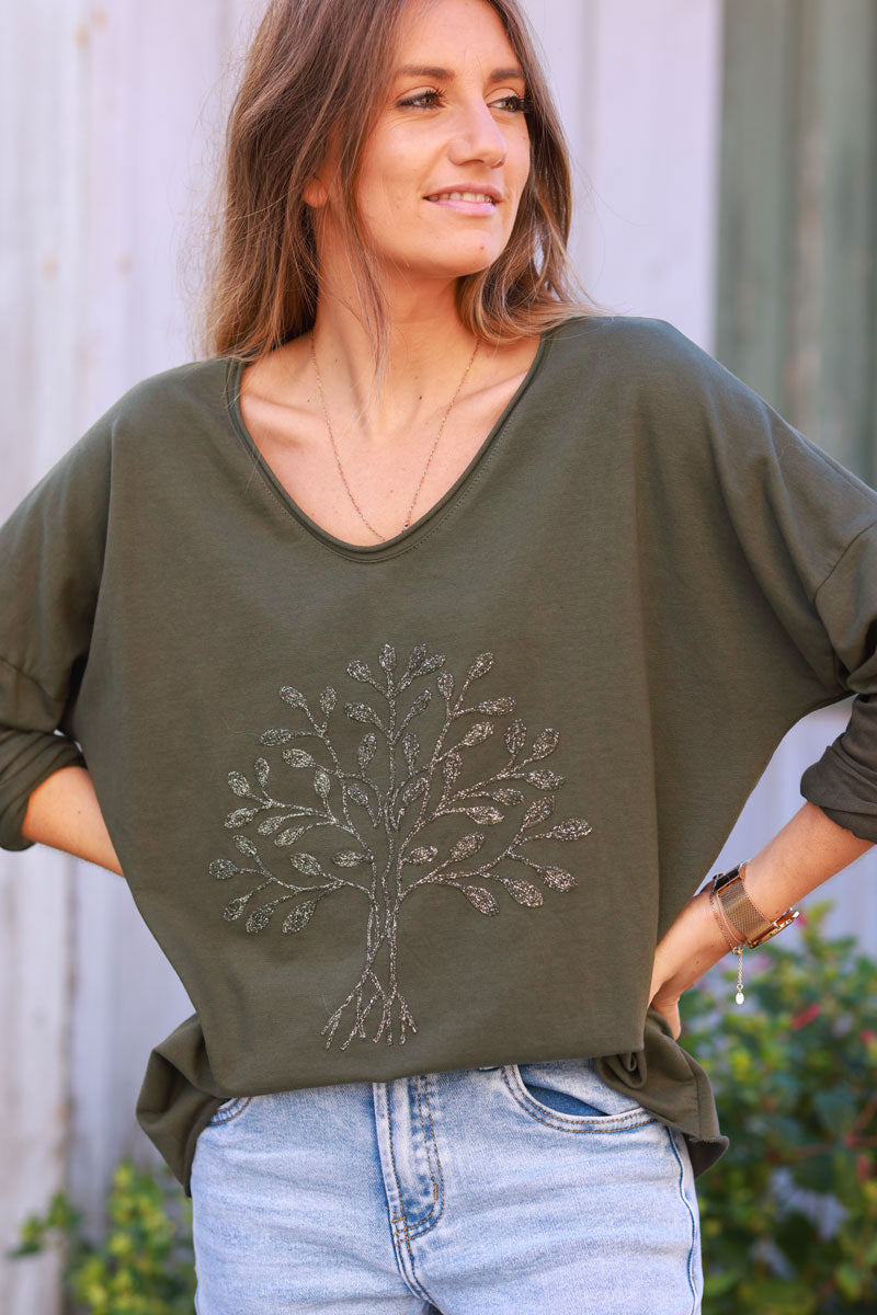 Khaki Comfort Loose Jumper with Gold Tree of life Embroidery