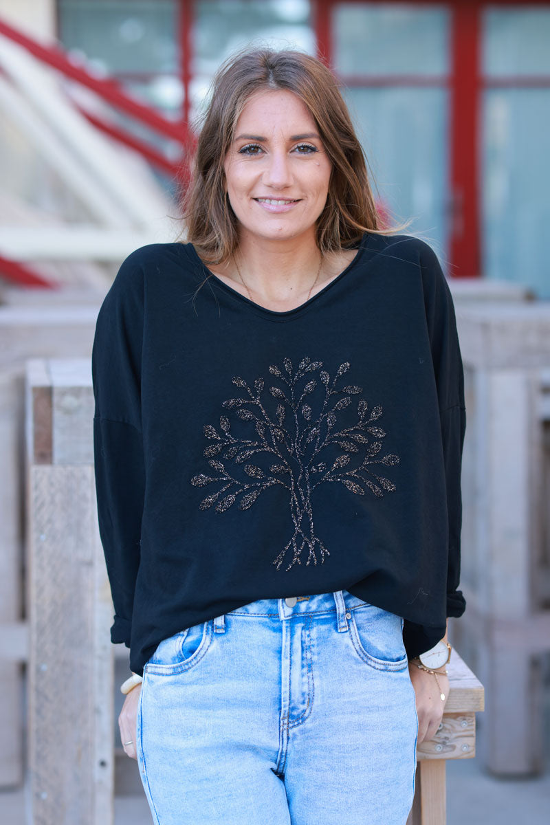 Black Comfort Loose Sweater with Gold Tree of Life Embroidery