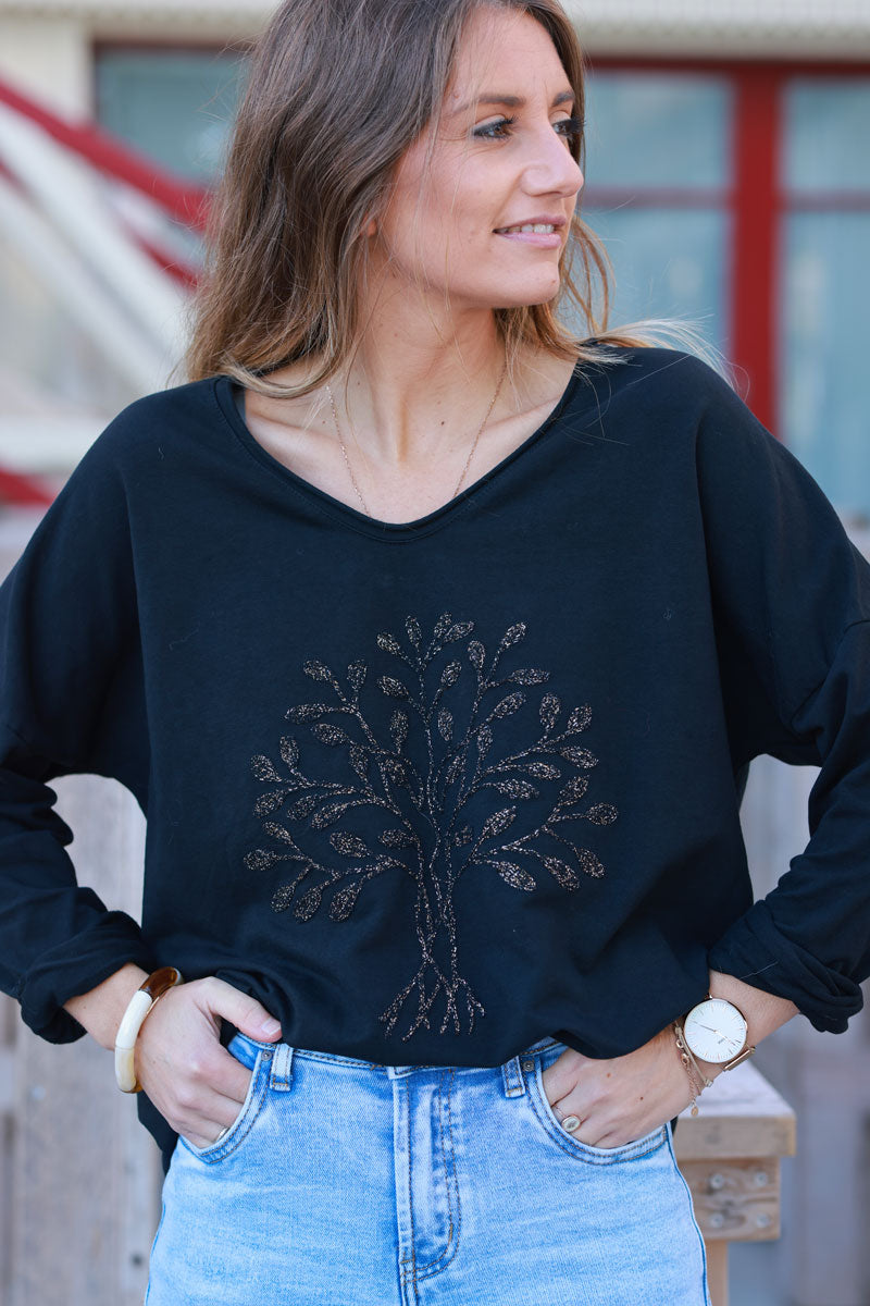 Petit pull confort loose noir broderie arbre de vie fils dorés