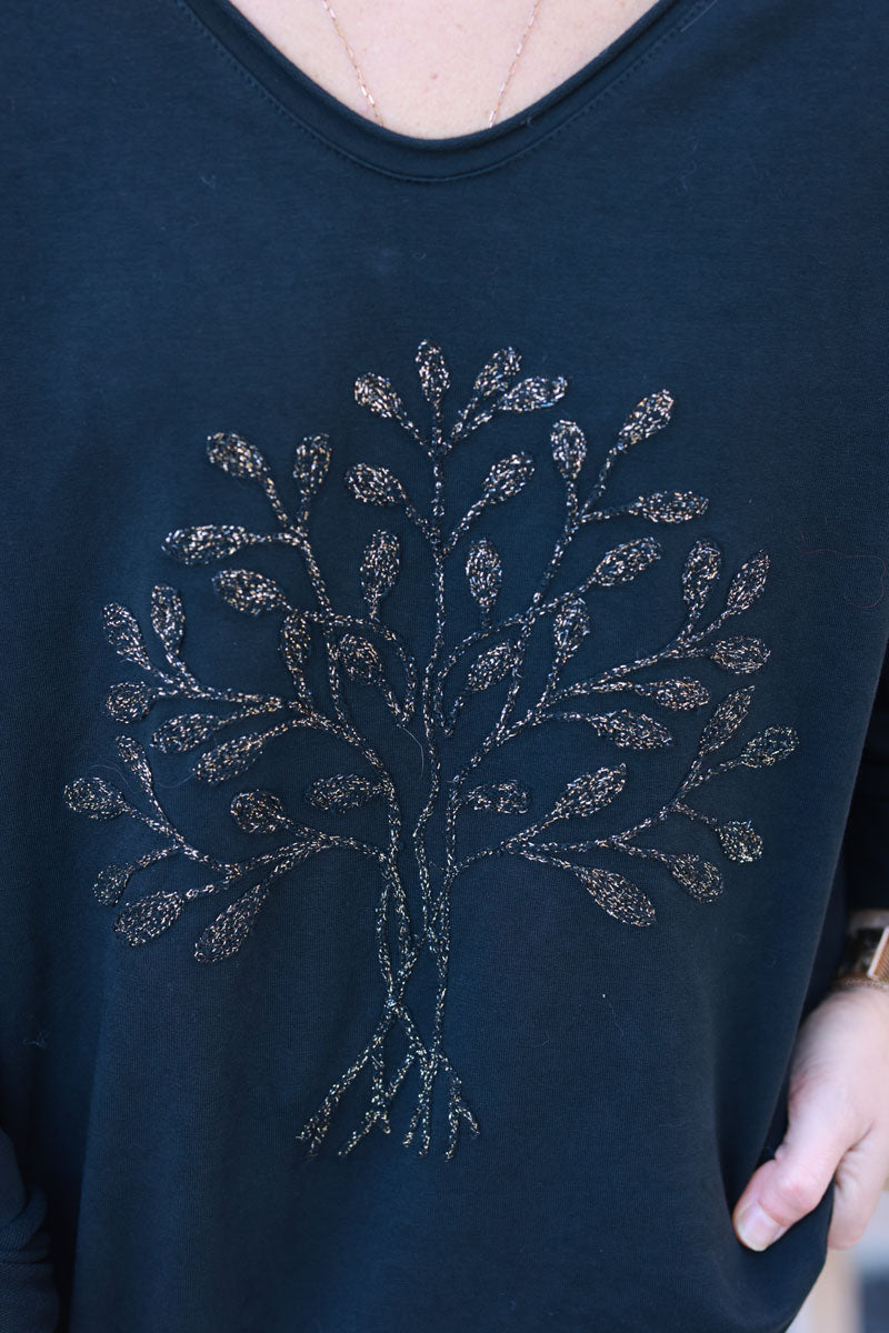 Black Comfort Loose Jumper with Gold Tree of Life Embroidery