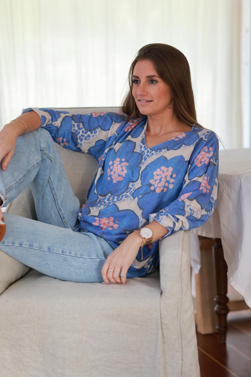 Royal Blue Floral and Leopard ¾-Sleeve Slouchy Top