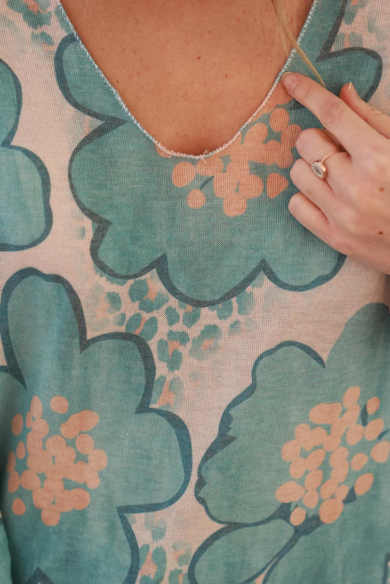 Turquoise Floral and Leopard ¾-Sleeve Slouchy Top