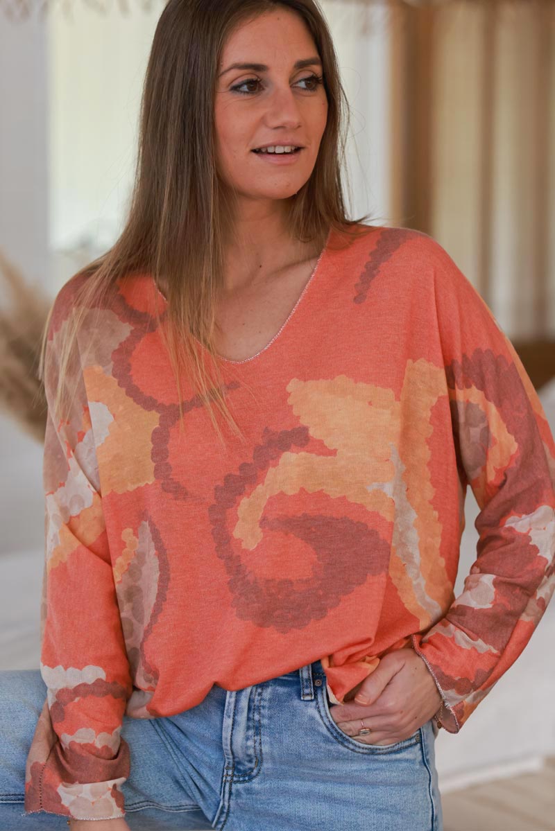 Orange Abstract Print Long-Sleeve Slouchy Top