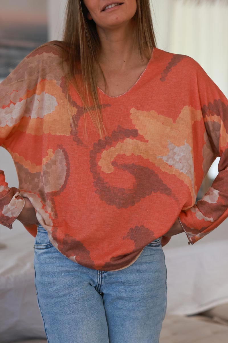 Orange Abstract Print Long-Sleeve Slouchy Top