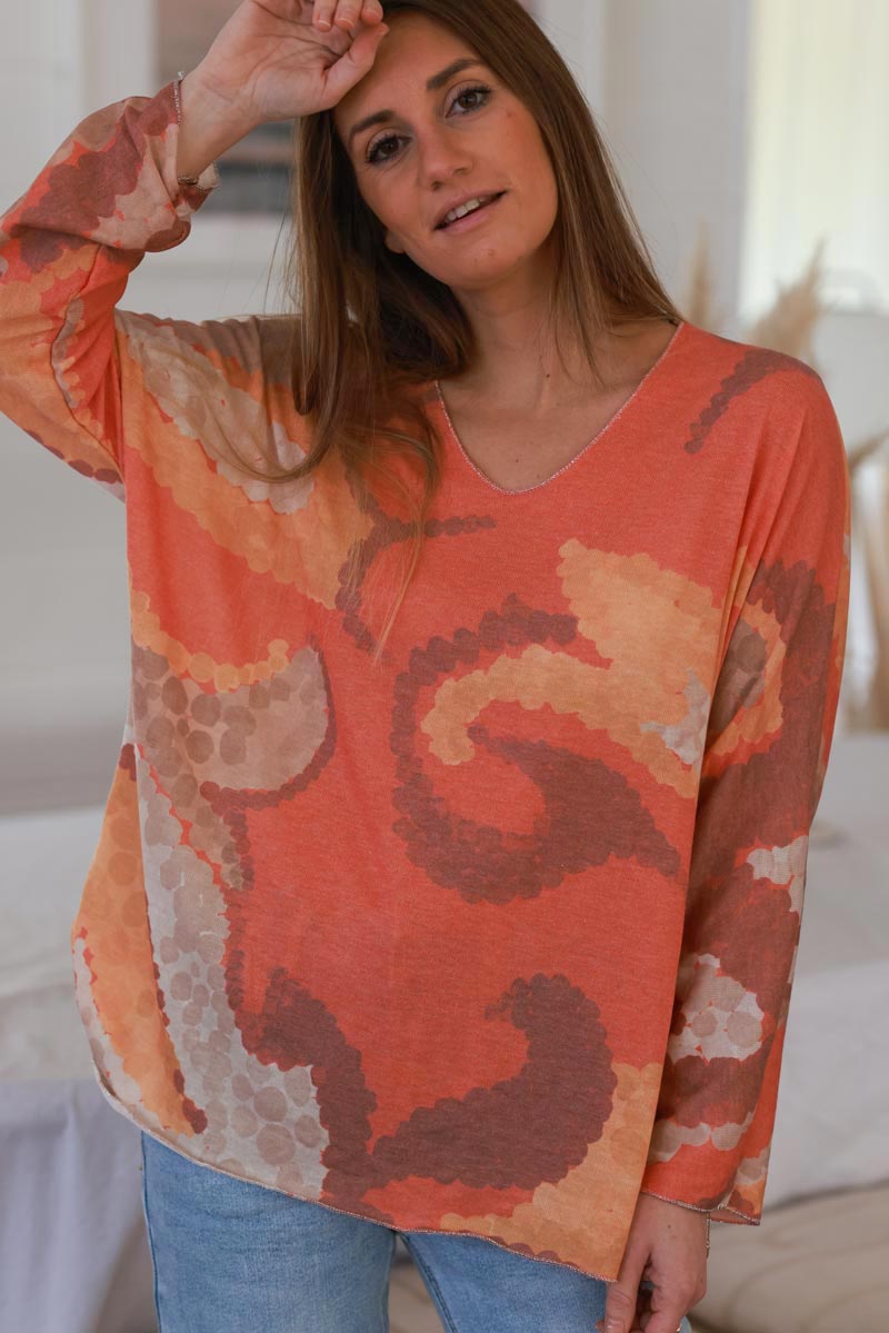 Orange Abstract Print Long-Sleeve Slouchy Top