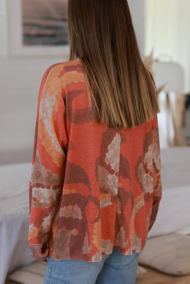 Orange Abstract Print Long-Sleeve Slouchy Top