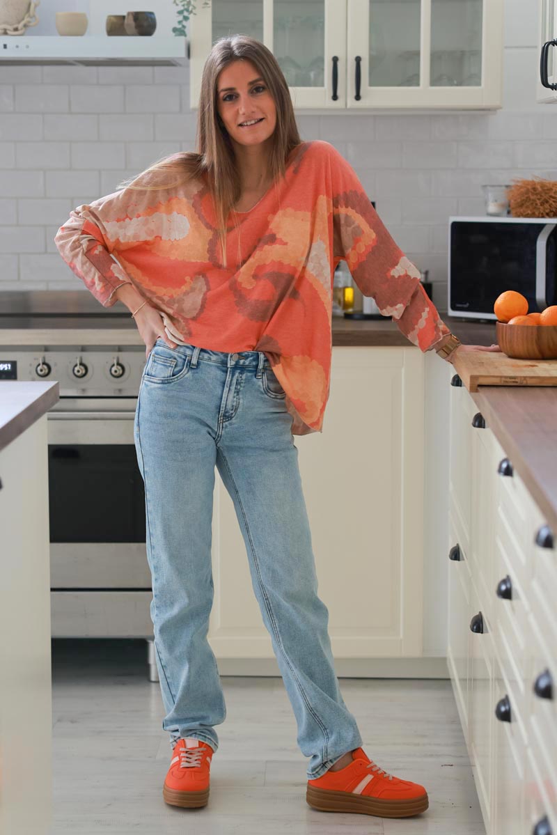 Orange Abstract Print Long-Sleeve Slouchy Top