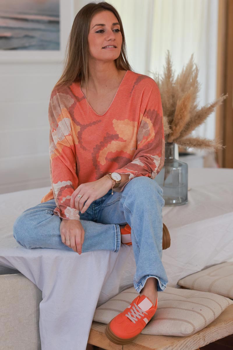 Orange Abstract Print Long-Sleeve Slouchy Top