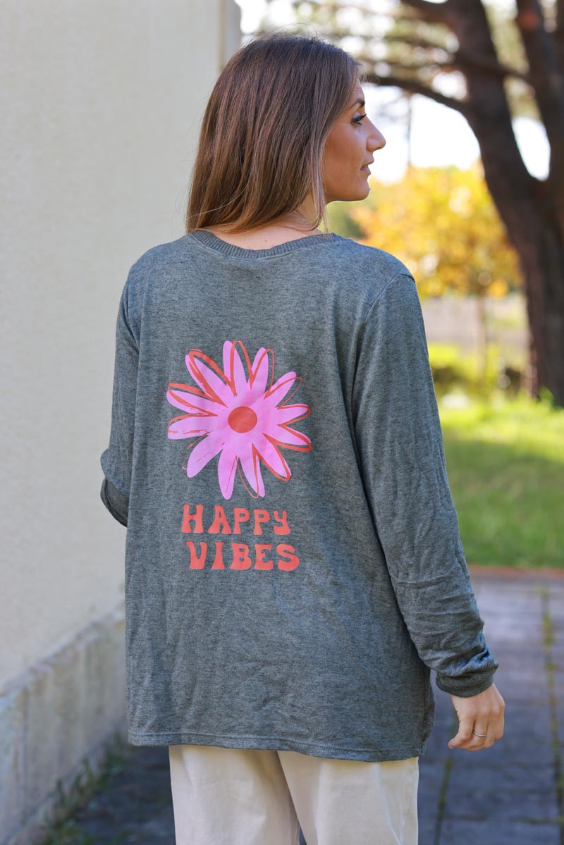 Petit pull kaki en jersey col v côtelé Happy Vibes fleurs