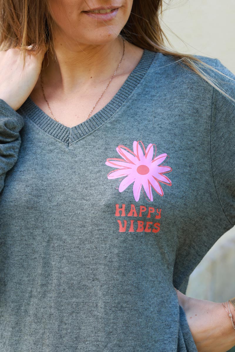 Happy Vibes Khaki Long-Sleeve Knit Tee