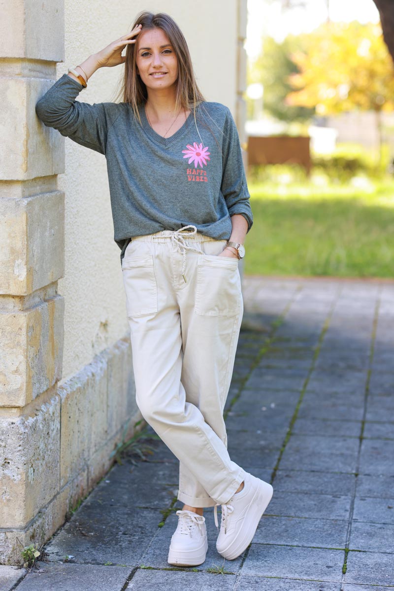 Happy Vibes Khaki Long-Sleeve Knit Tee