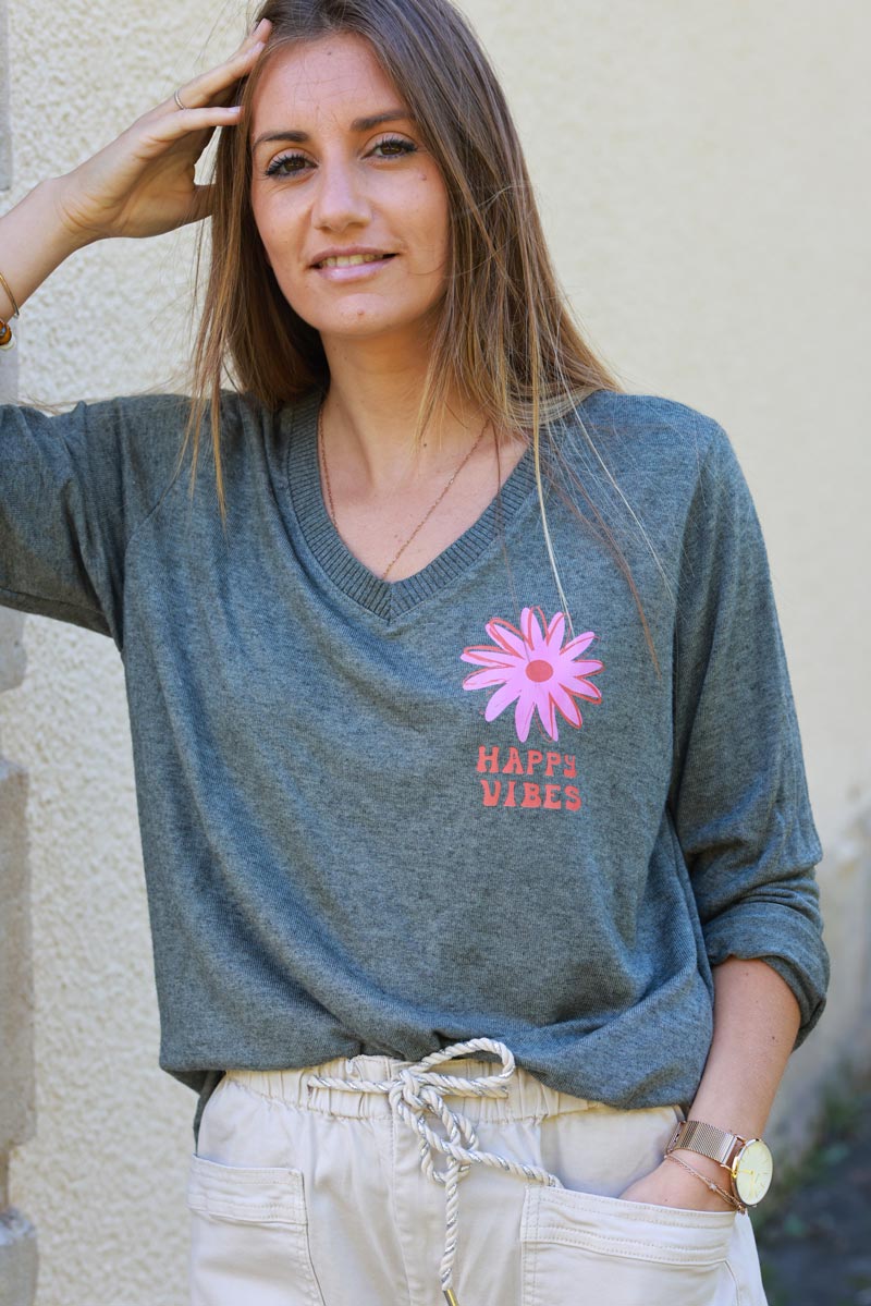 Happy Vibes Khaki Long-Sleeve Knit Tee