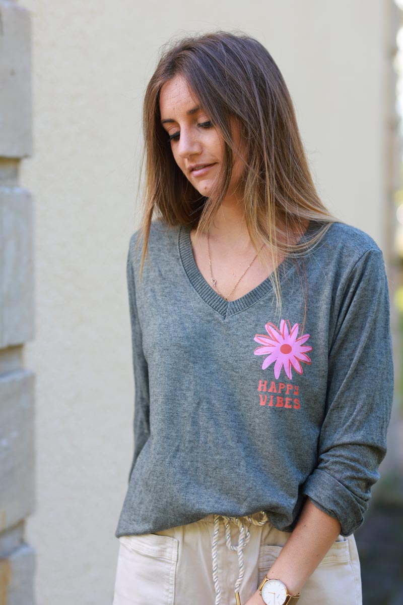 Happy Vibes Khaki Long-Sleeve Knit Tee