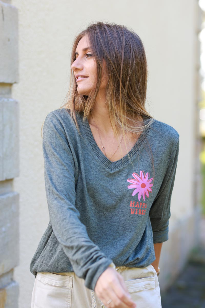 Happy Vibes Khaki Long-Sleeve Knit Tee