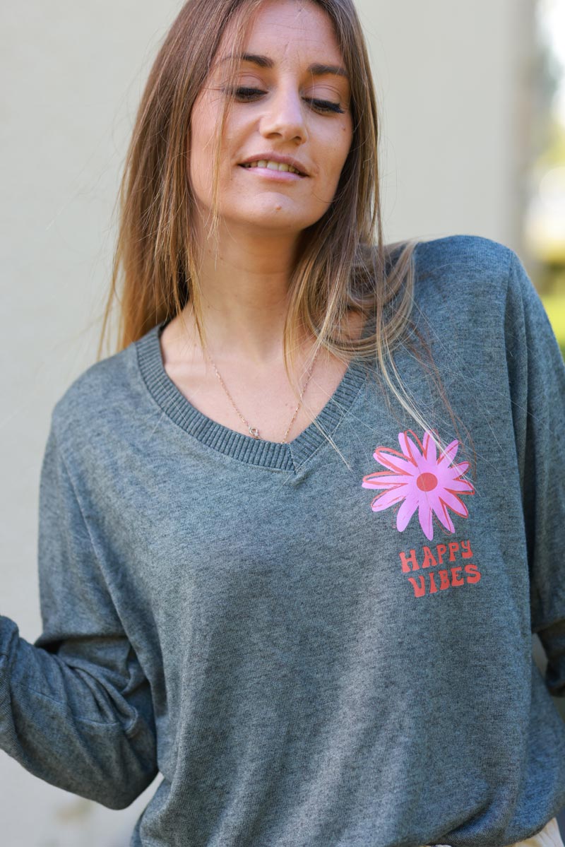 Happy Vibes Khaki Long-Sleeve Knit Tee