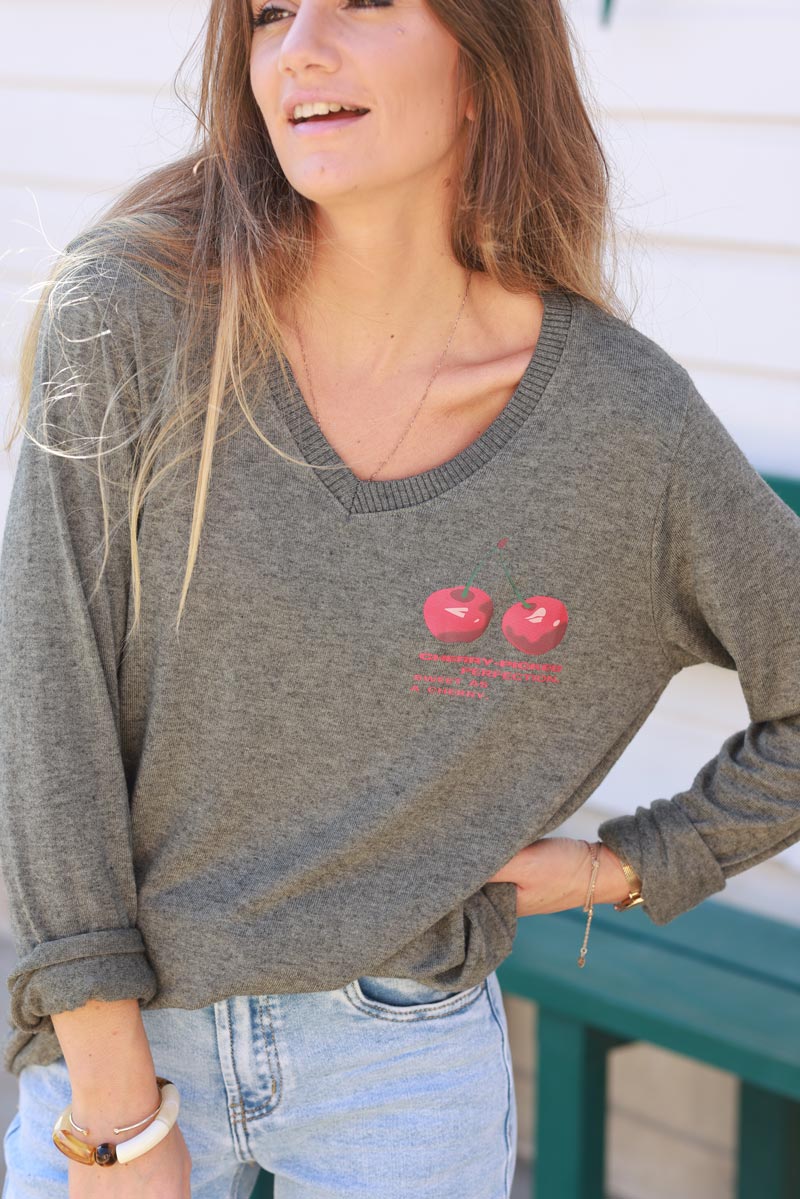 'Cherry Perfection' Khaki Jersey Sweater