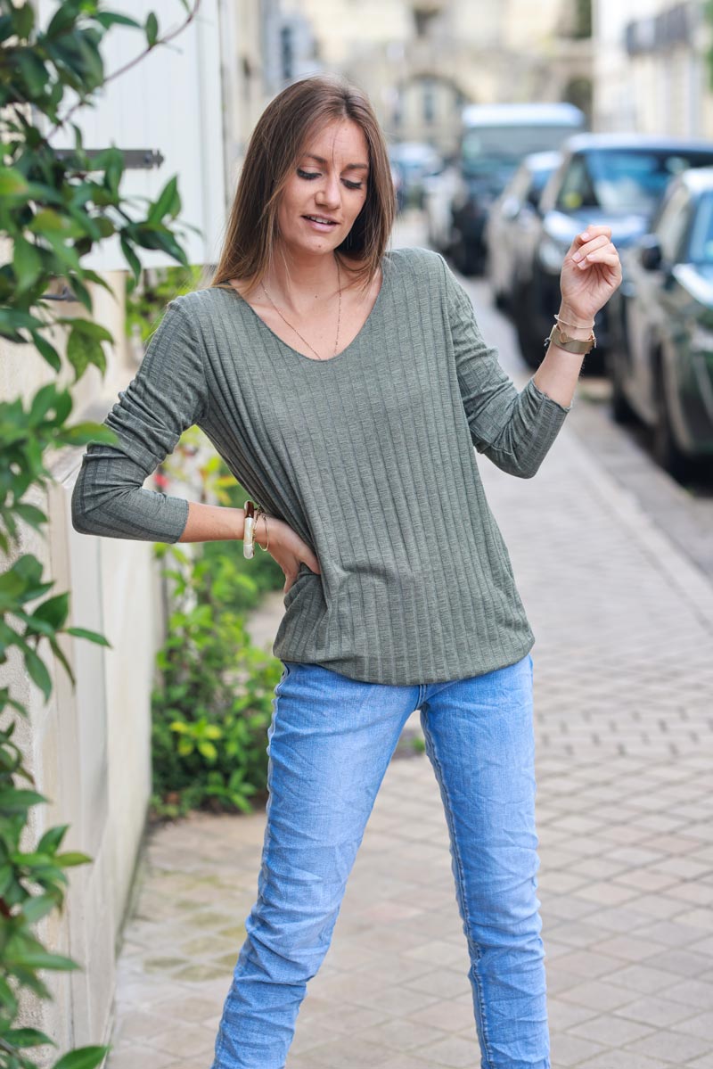 Khaki long sleeved ribbed soft top