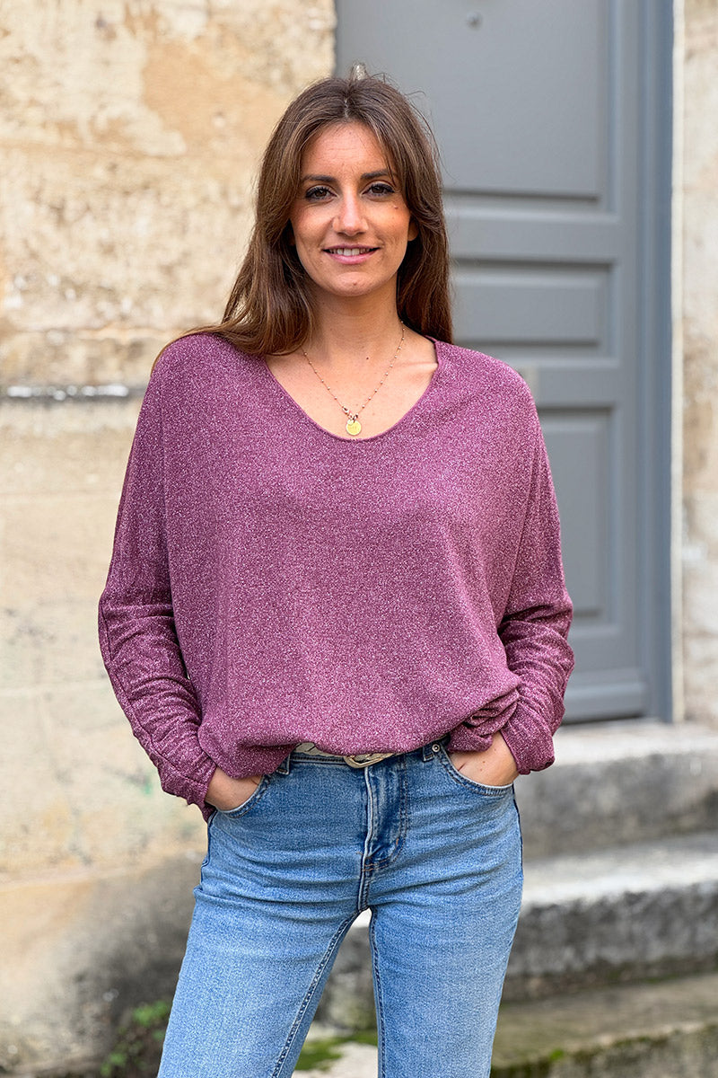 Petit pull large aubergine maille lurex brillante col v