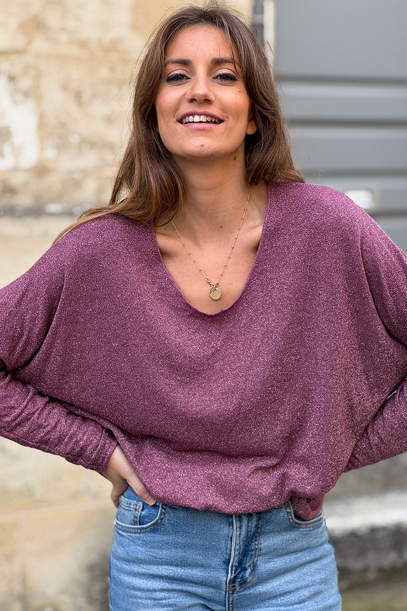 Petit pull large aubergine maille lurex brillante col v
