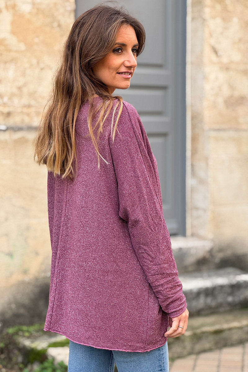 Petit pull large aubergine maille lurex brillante col v