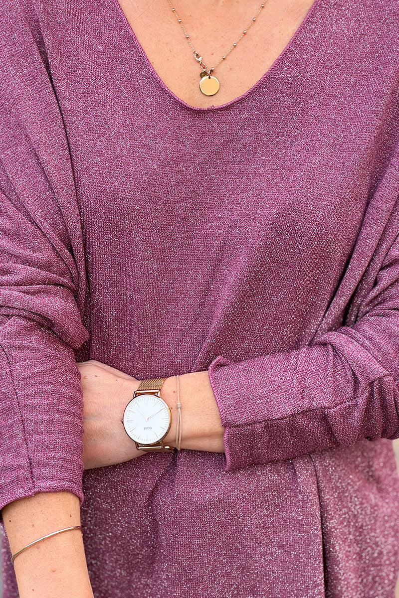 Petit pull large aubergine maille lurex brillante col v