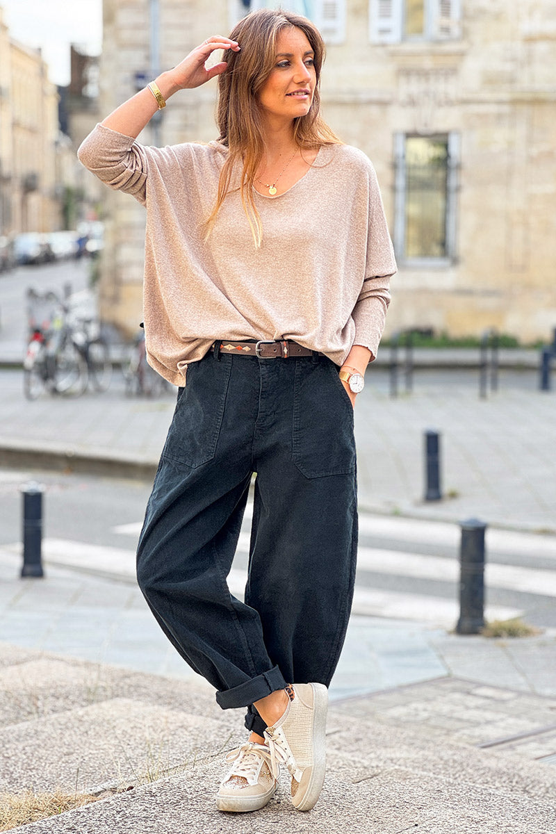 Petit pull large beige maille lurex brillante col v