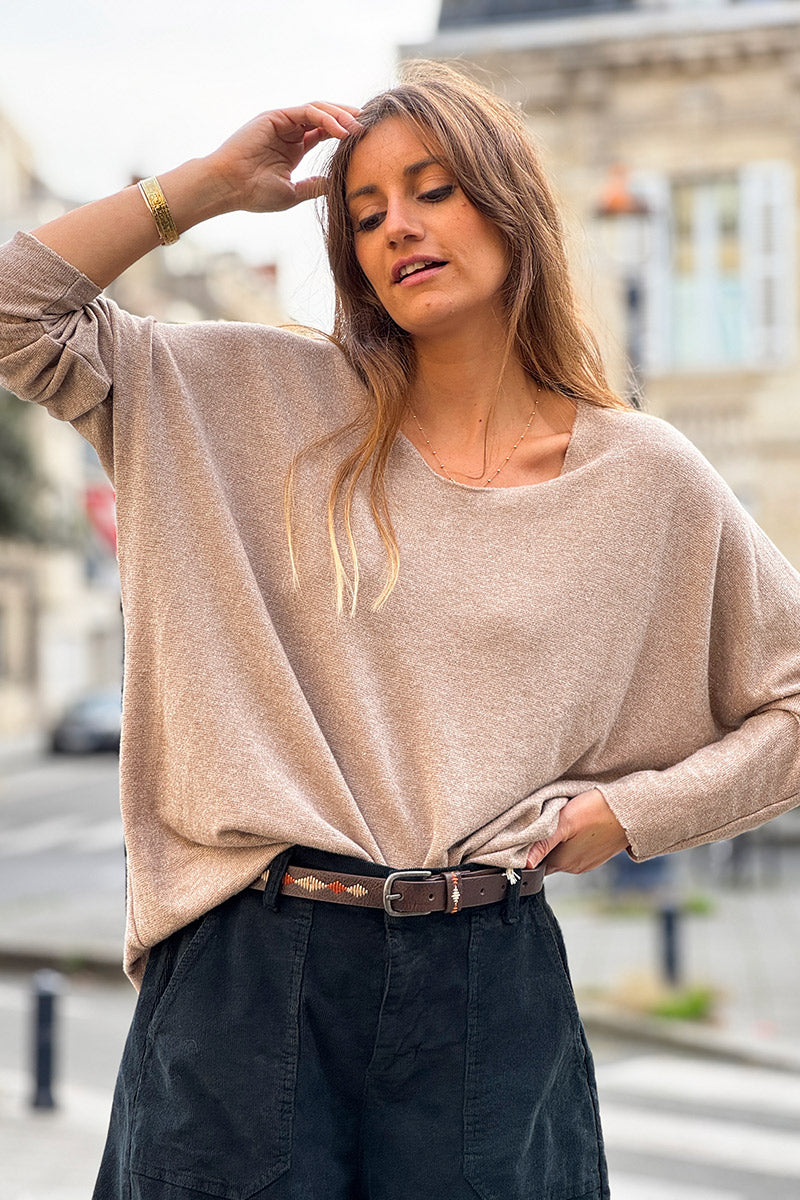 Petit pull large beige maille lurex brillante col v