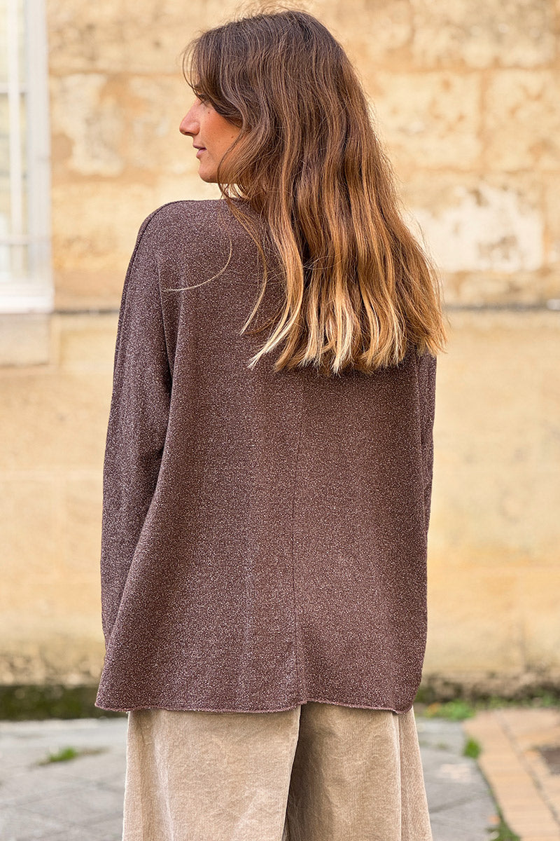 Petit pull large marron maille lurex brillante col v
