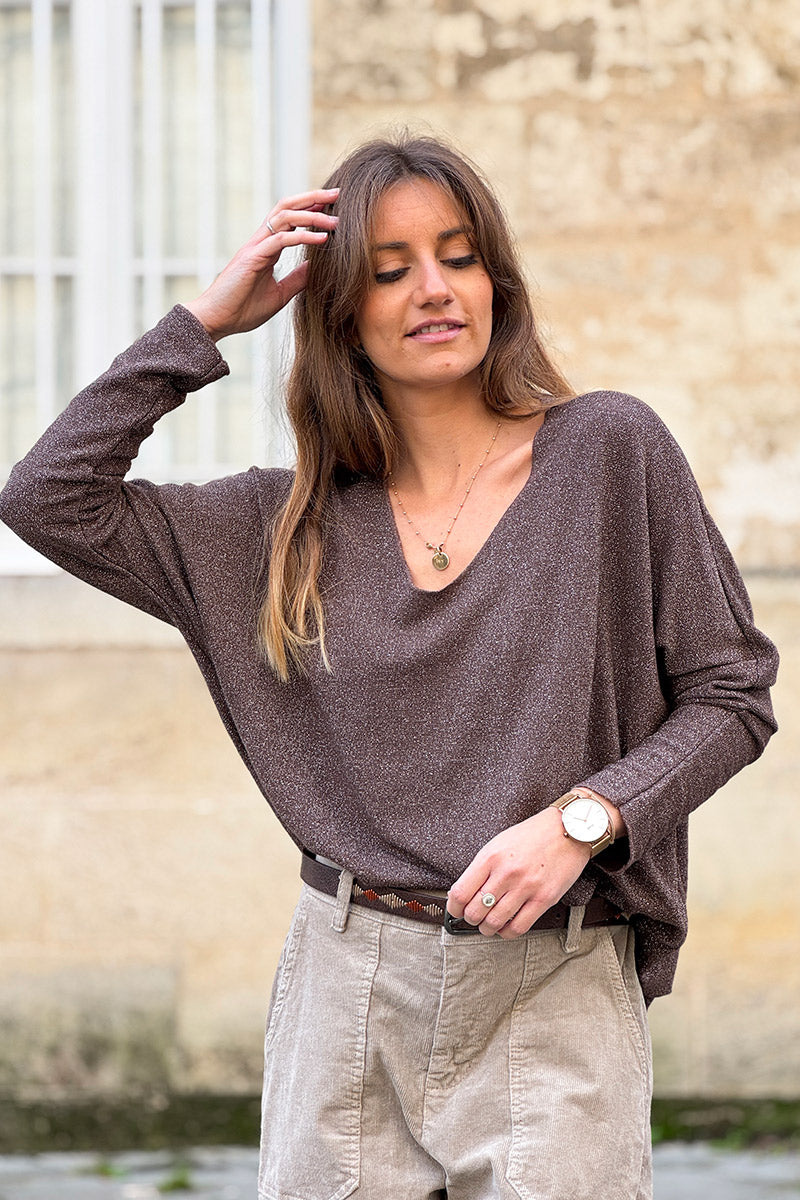 Petit pull large marron maille lurex brillante col v
