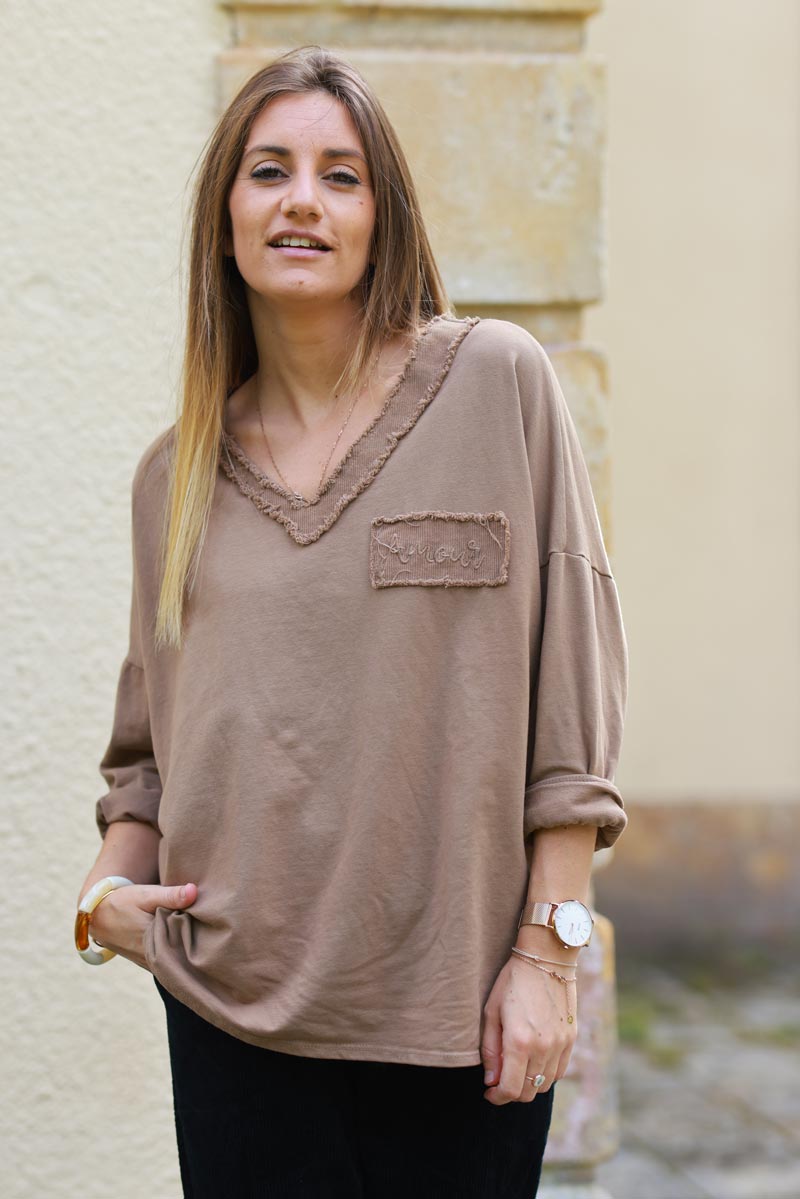 Jenna Camel Corduroy Trim Long-Sleeve Tee