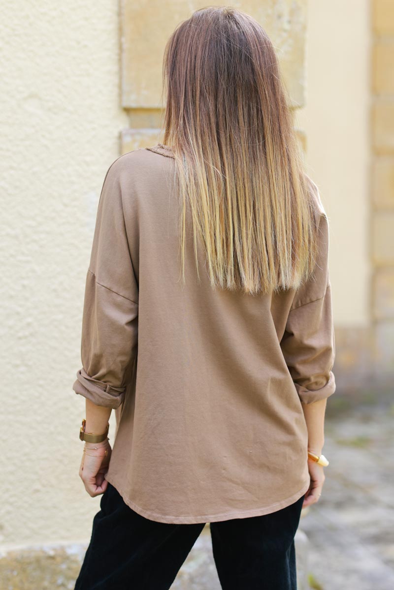 Jenna Camel Corduroy Trim Long-Sleeve Tee