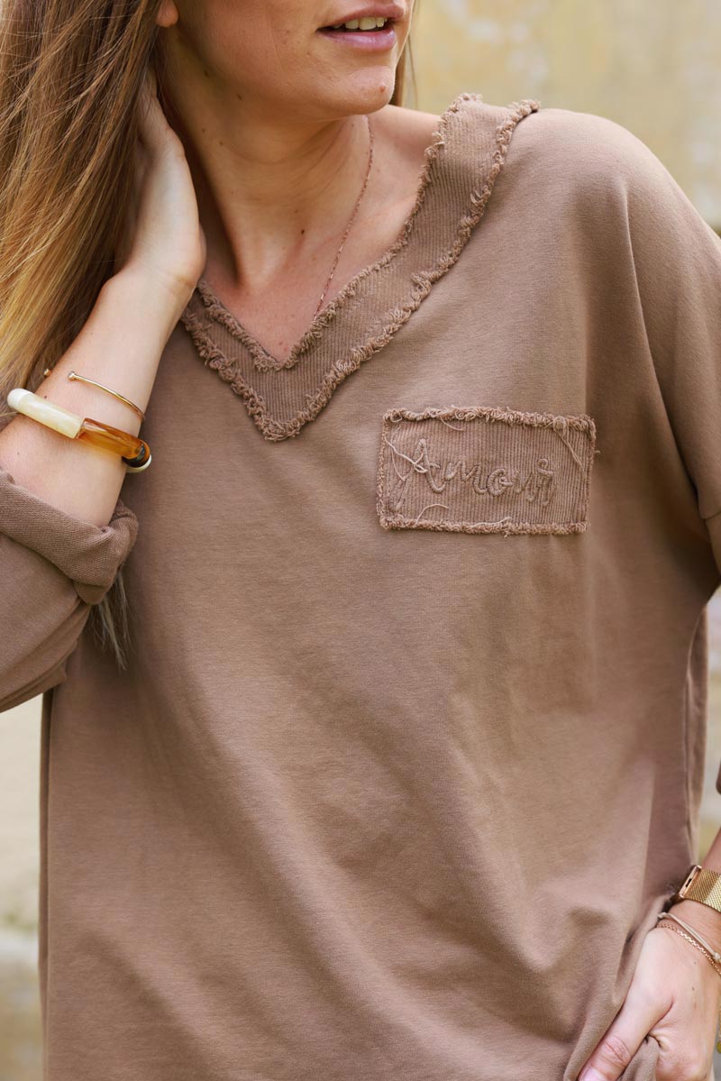 Jenna Camel Corduroy Trim Long-Sleeve Tee