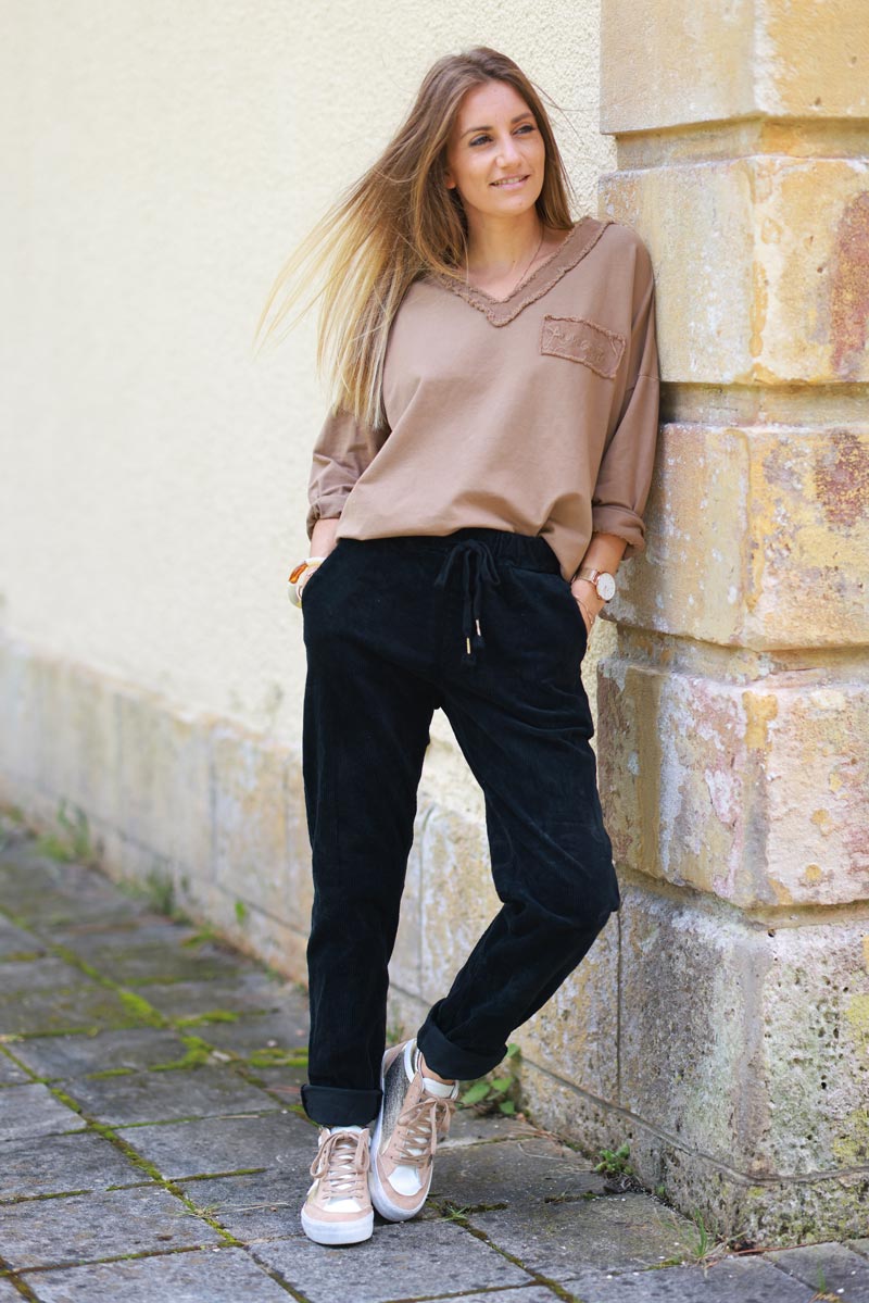 Jenna Camel Corduroy Trim Long-Sleeve Tee