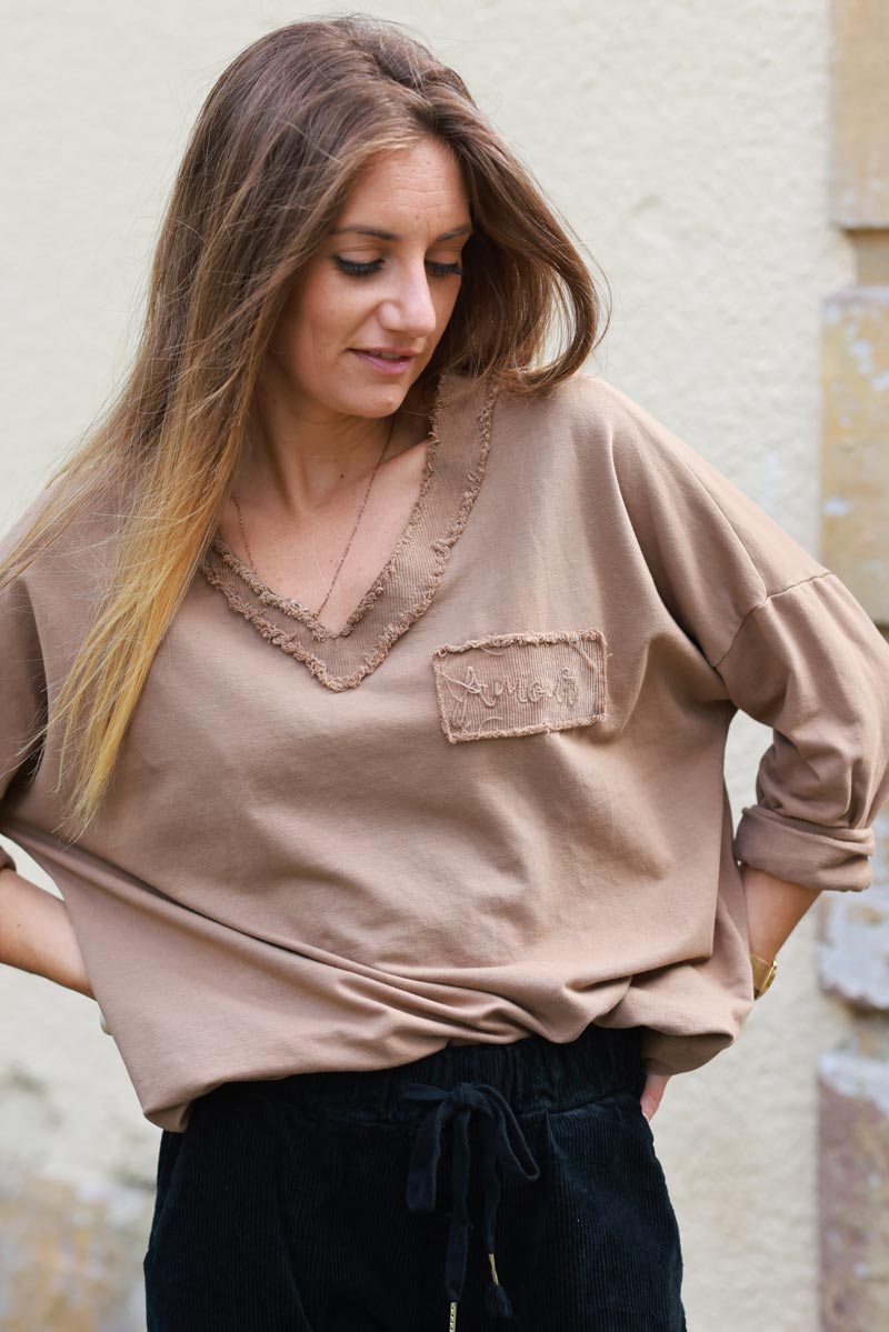 Jenna Camel Corduroy Trim Long-Sleeve Tee