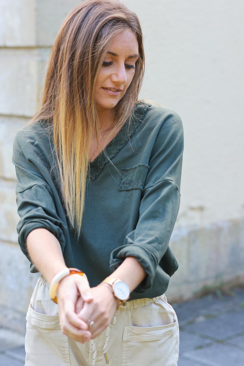 Jenna Khaki Corduroy Trim Long-Sleeve Tee