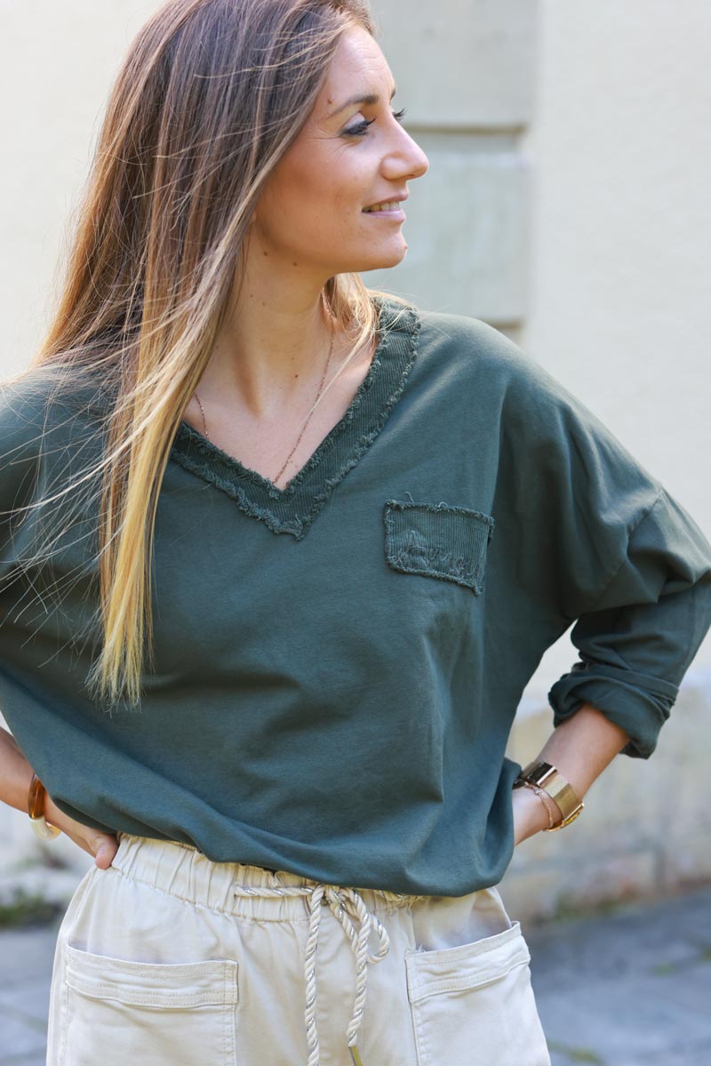 Jenna Khaki Corduroy Trim Long-Sleeve Tee