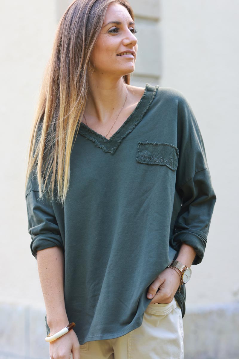 Jenna Khaki Corduroy Trim Long-Sleeve Tee