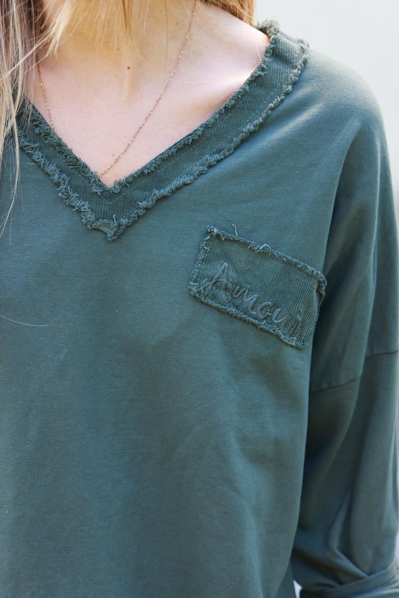 Jenna Khaki Corduroy Trim Long-Sleeve Tee